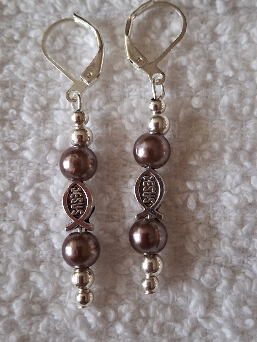 Silver and Lavender Pearl Drop Earrings with Faith Fish Accent